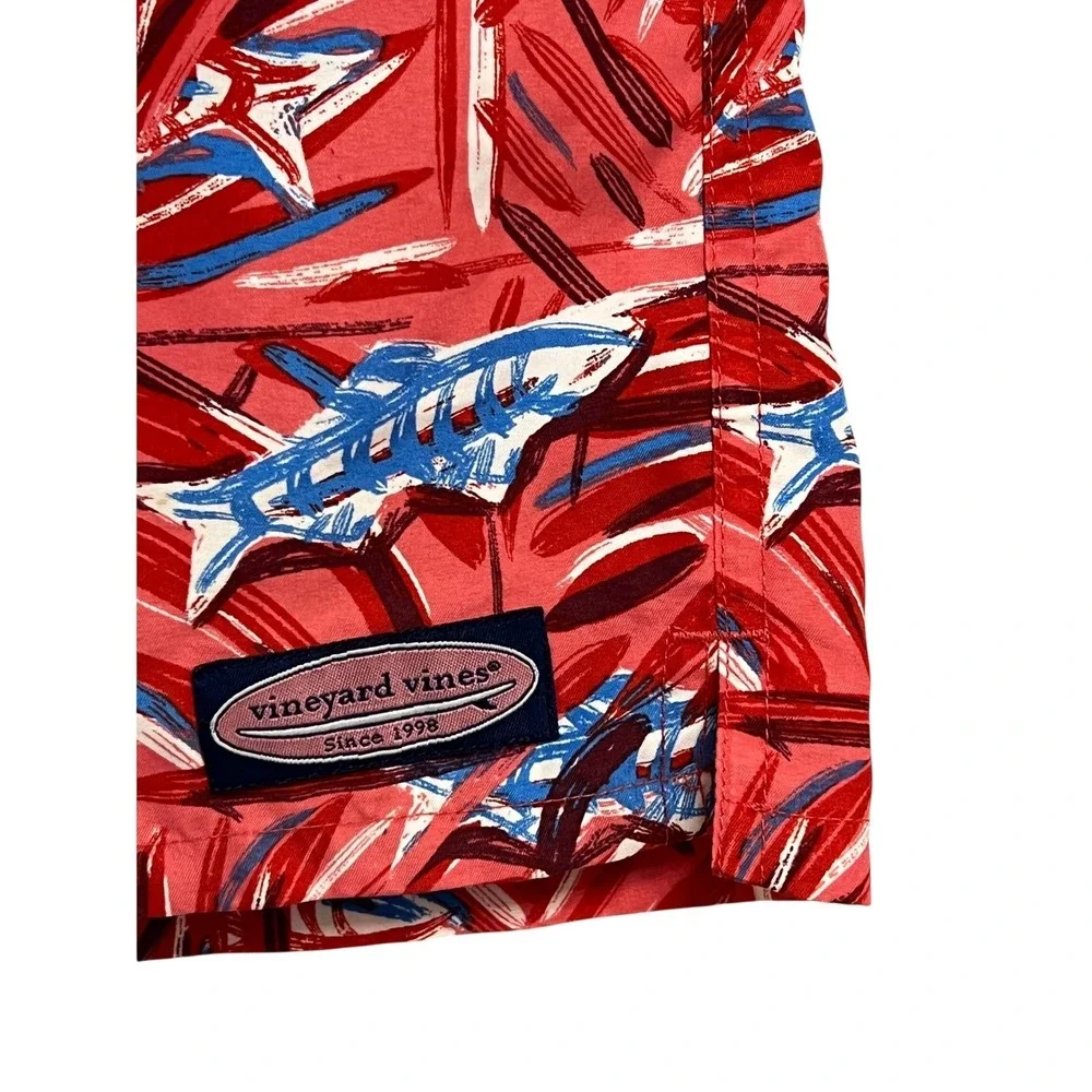 Vineyard Vines Swim Trunks Boys XL 18 Red Shark Tropical Print Board Shorts Mesh
